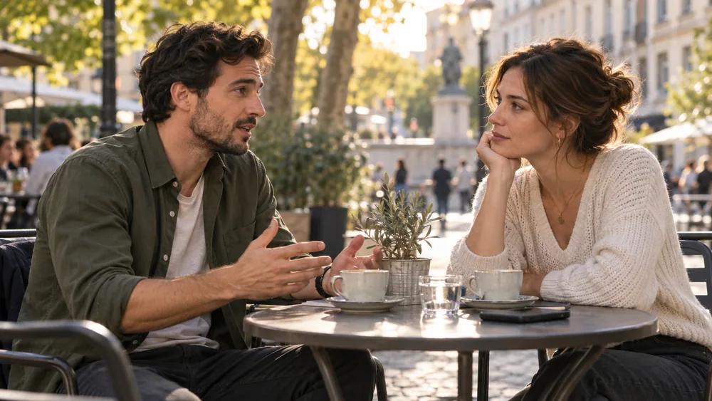 Two friends speaking and listening across a cafe table