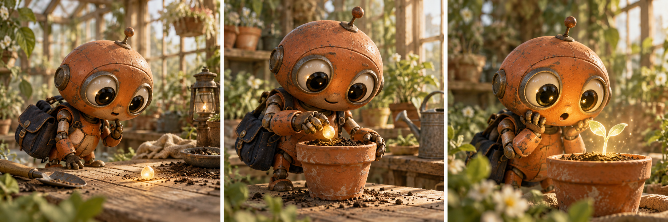 Original orange robot discovering a glowing seed in a greenhouse