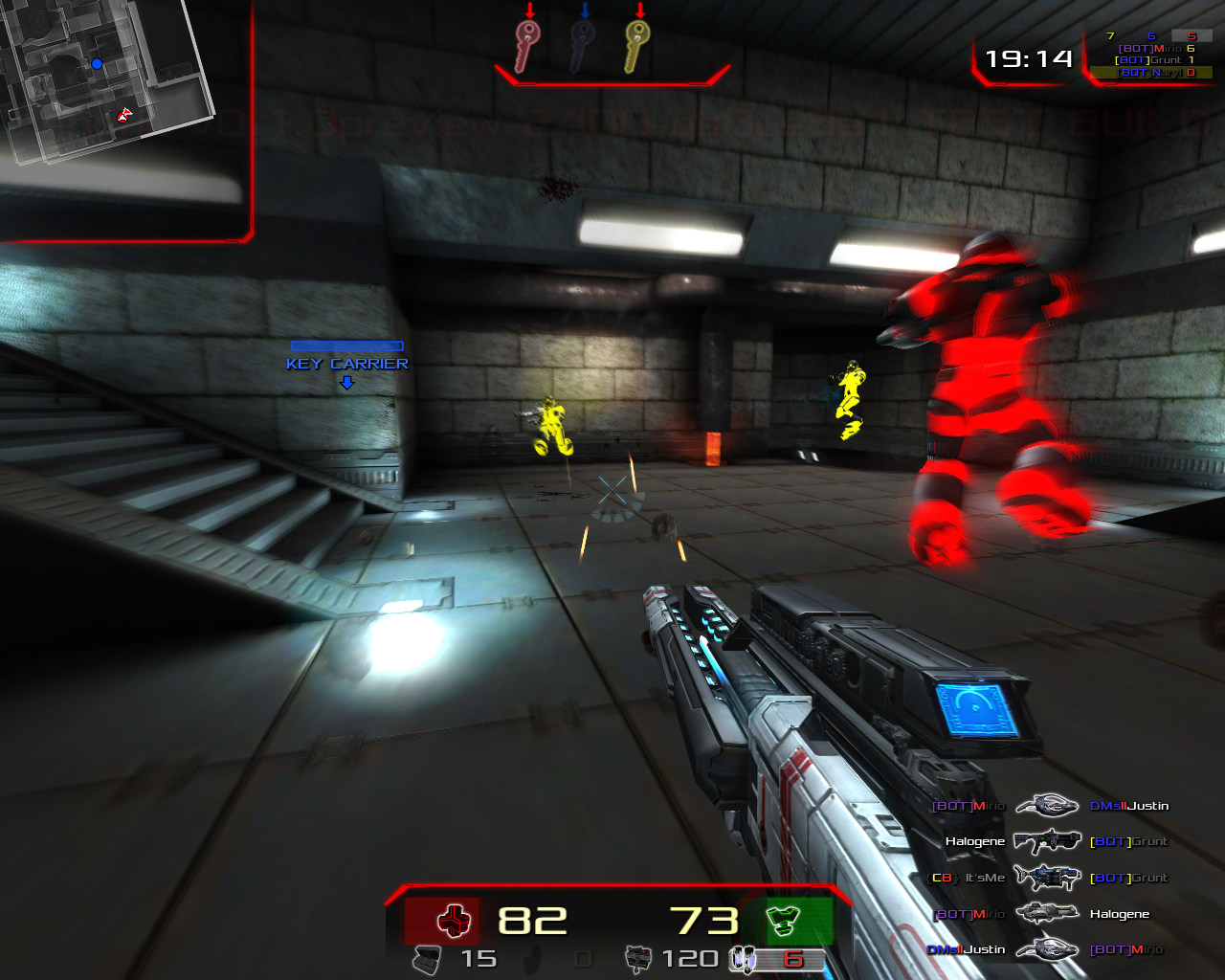 Actual Xonotic gameplay screenshot showing a first-person arena view
