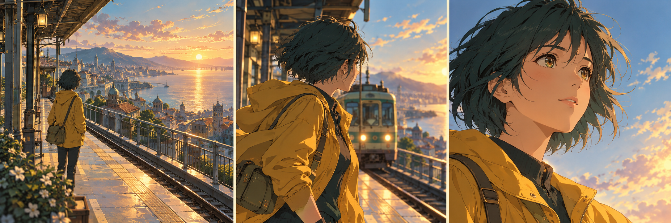 Original anime courier at a coastal tram platform at sunrise