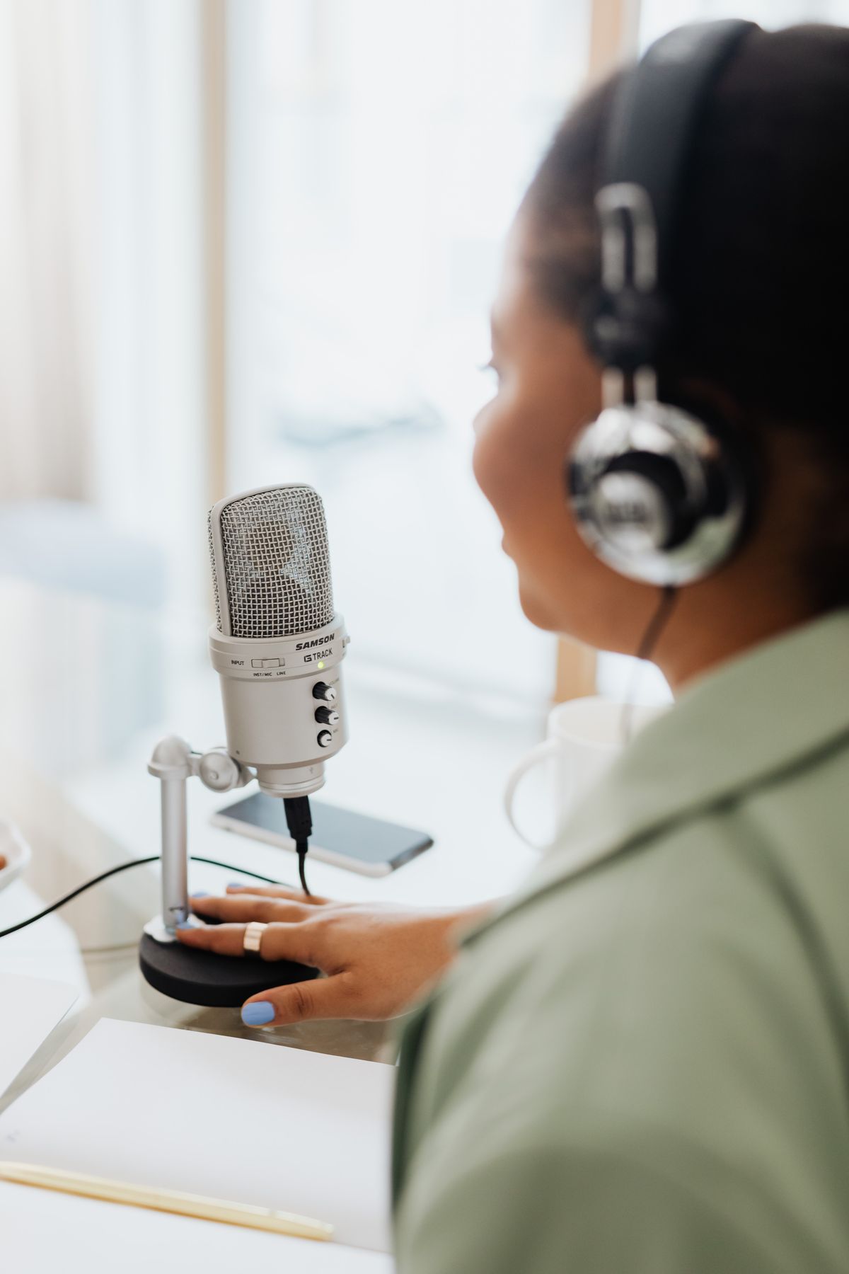 Real recording setup with a microphone and headphones