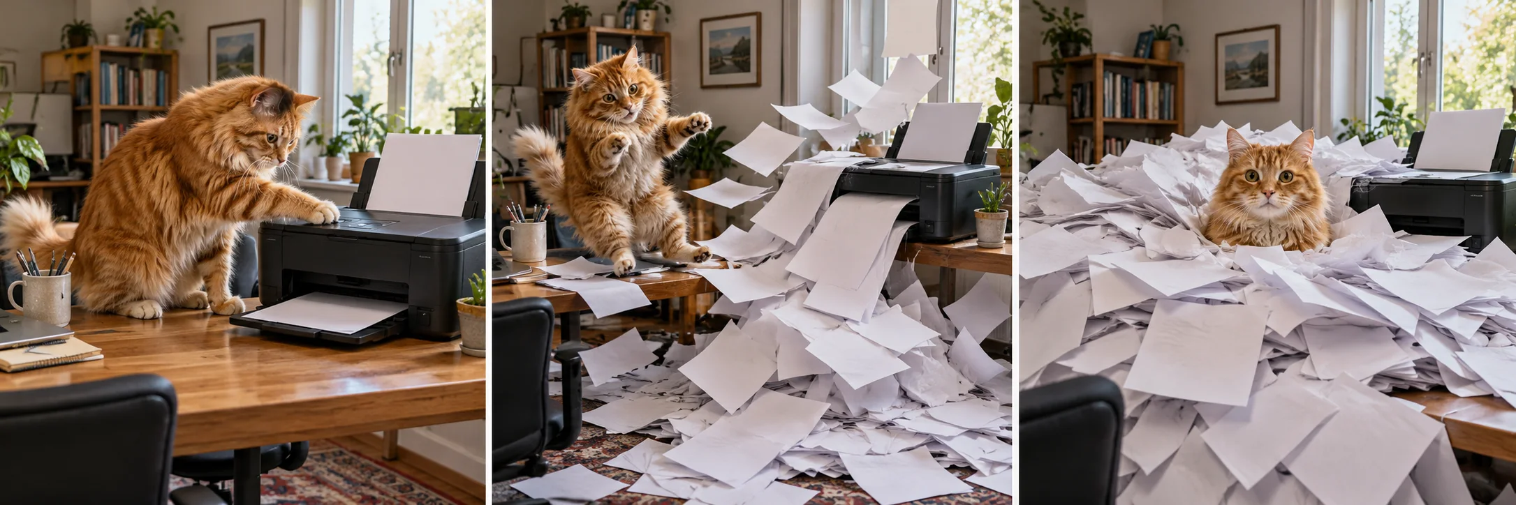 AI-illustrated comedy concept: A cat presses the printer button while the desk is tidy