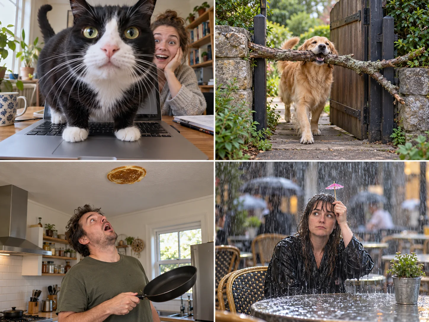 Fictional AI-illustrated comedy concept: A cat blocks a video call by standing directly on a laptop keyboard
