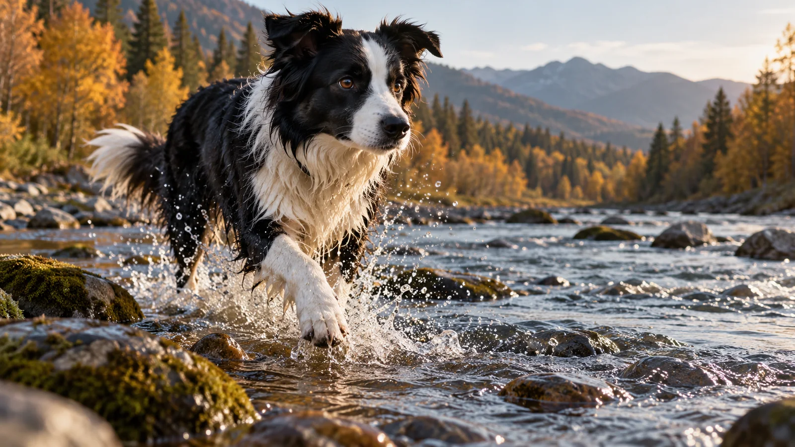 A border collie stepping through shallow river water with a splash among autumn trees