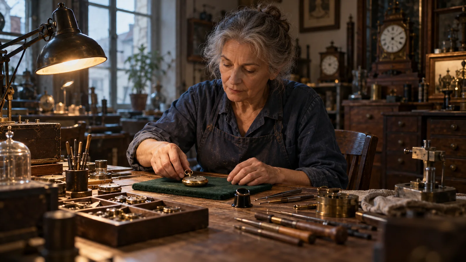 A watchmaker placing a brass pocket watch on green felt in a warmly lit workshop