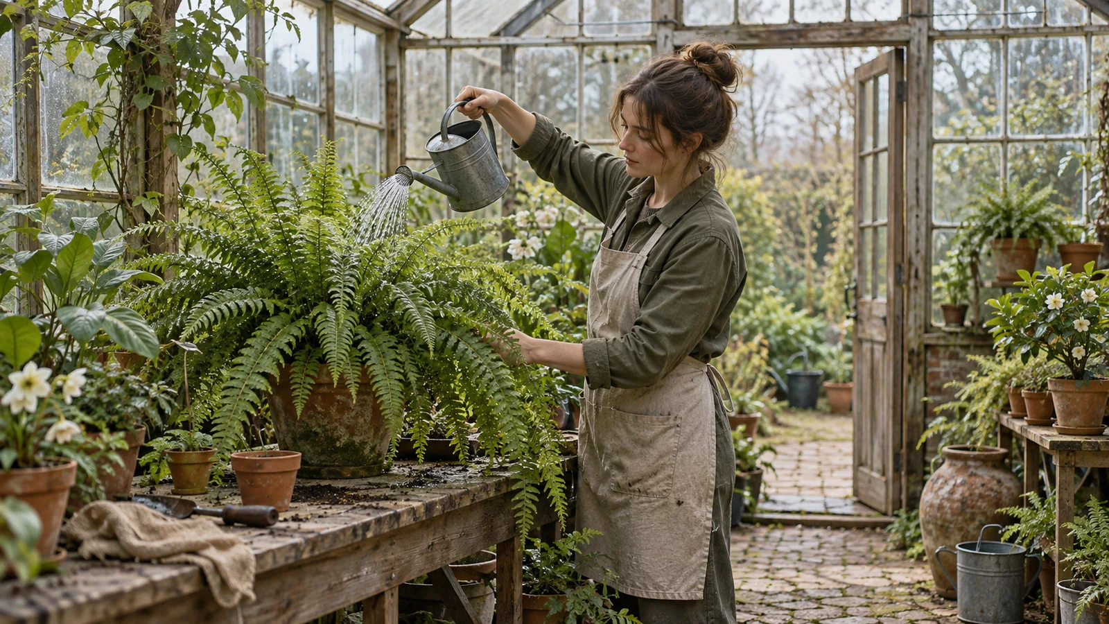 A botanist watering a fern with a metal can in an old greenhouse