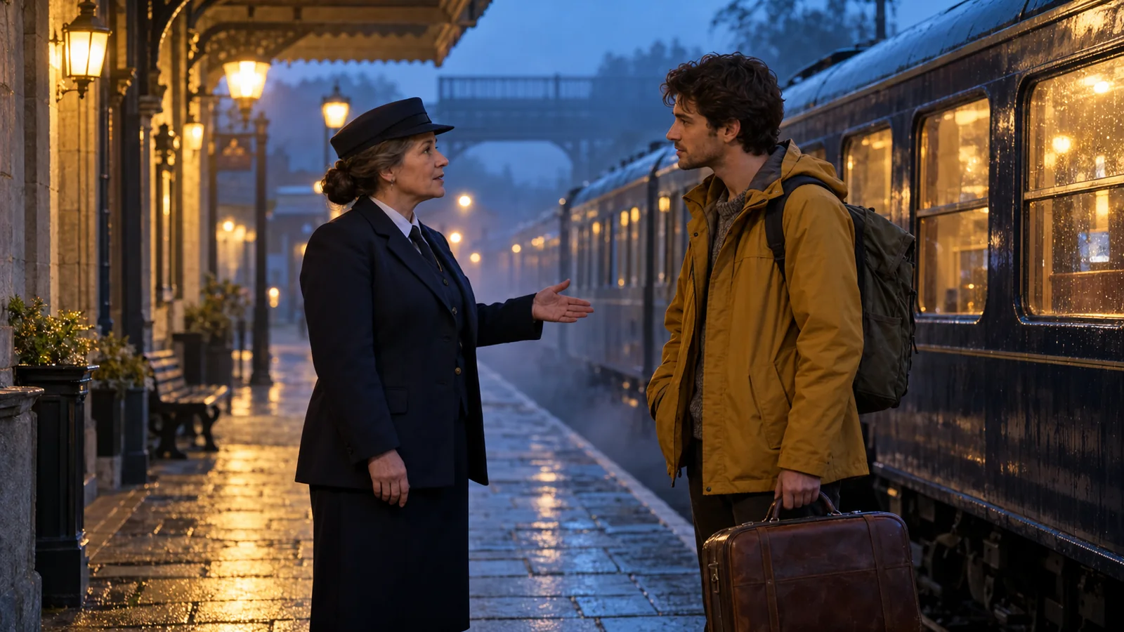 A conductor speaking to a traveler beside a train on a rainy platform