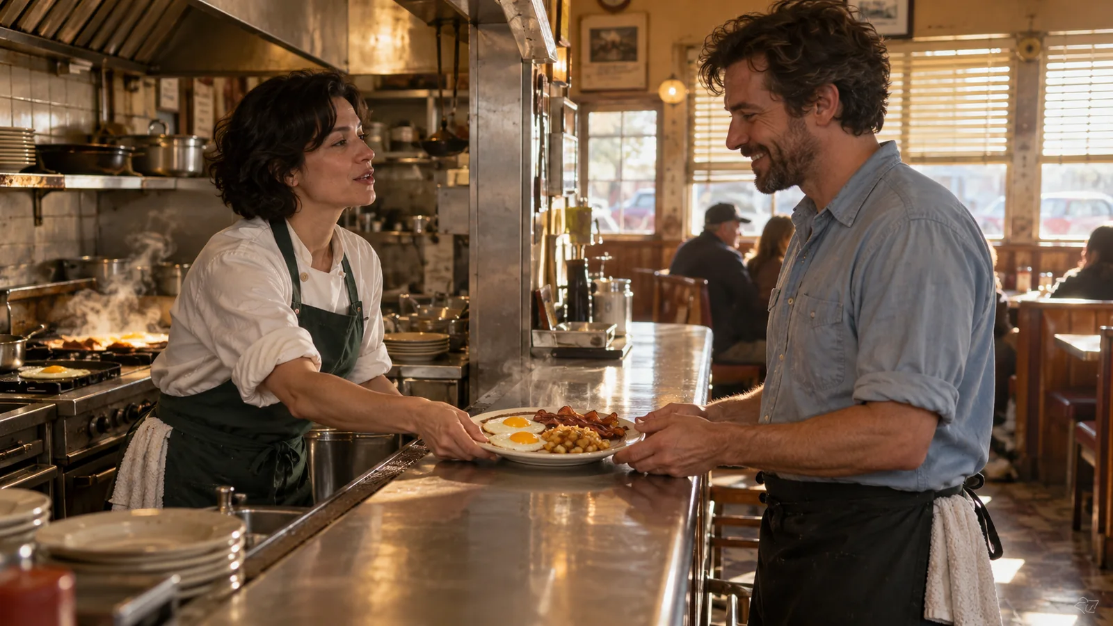 A chef handing a breakfast plate to a waiter across a diner counter