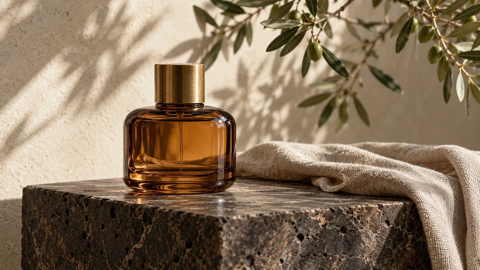 An unlabeled amber perfume bottle on a stone plinth with linen and olive-branch shadows