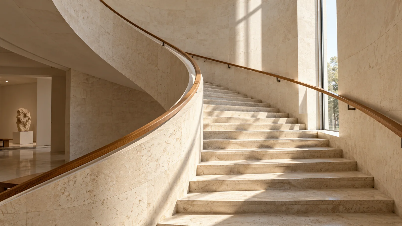 A curved limestone staircase with an oak handrail and long window shadows