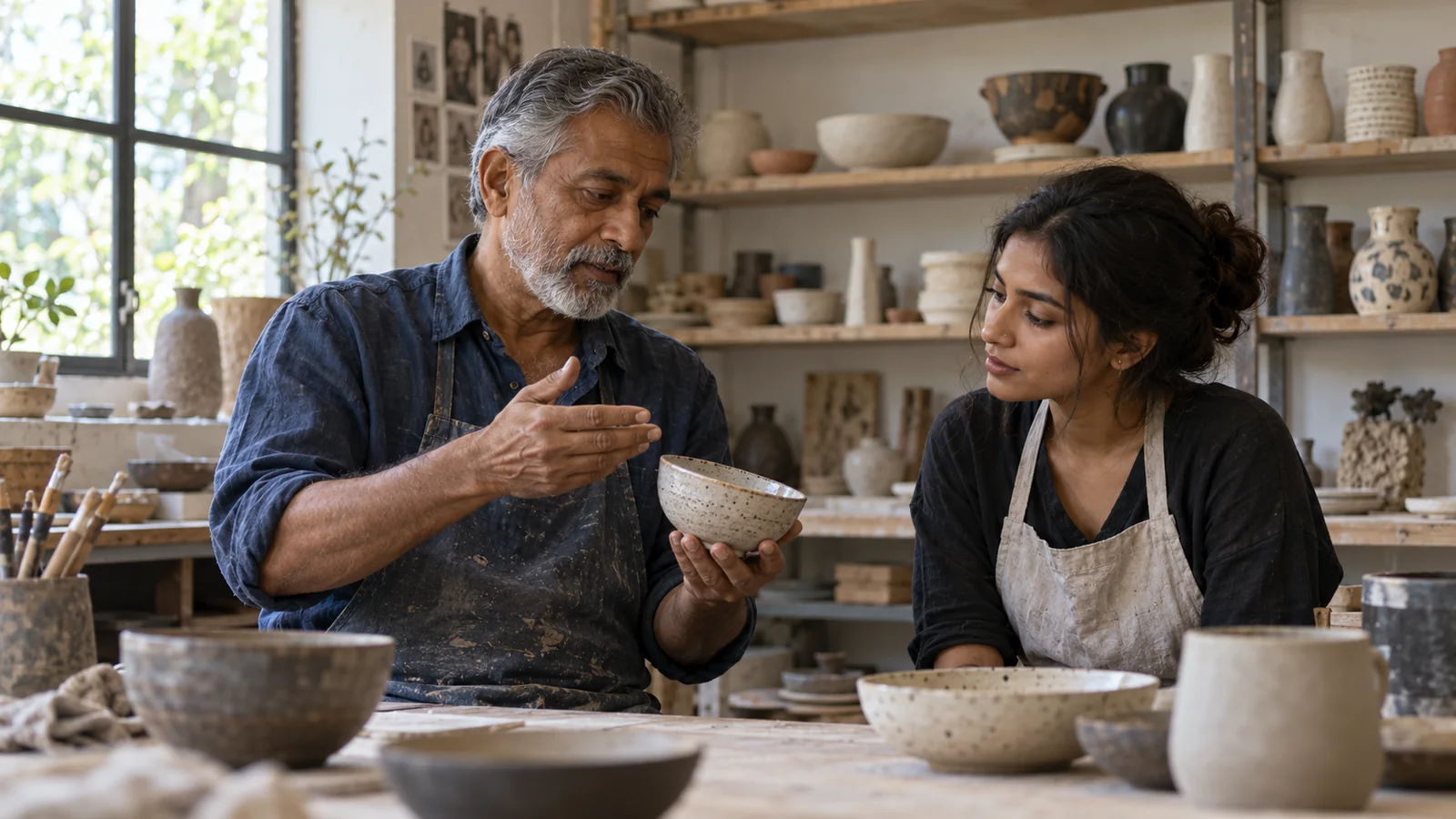 A ceramic artist showing a speckled bowl to an apprentice in a daylight pottery studio
