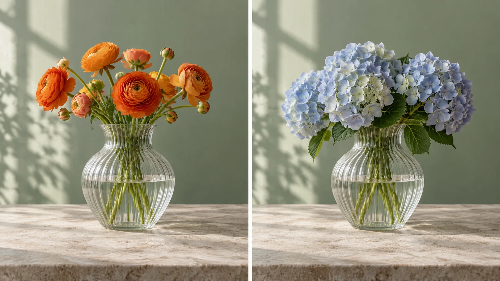 Two matching compositions of a ribbed glass vase, with orange ranunculus on the left and blue hydrangeas on the right