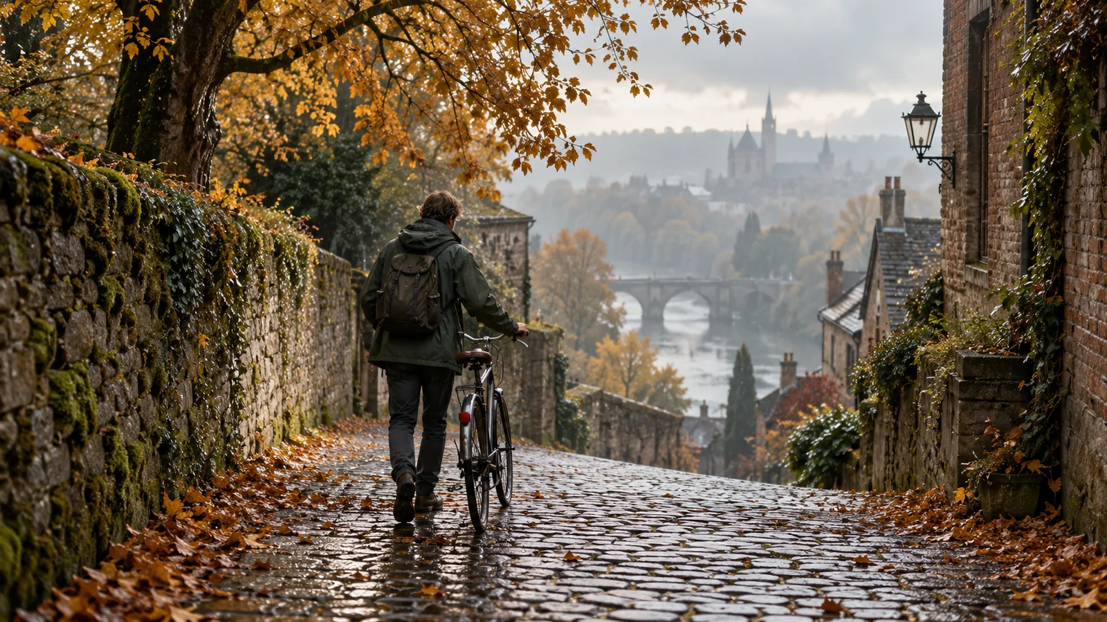 A cyclist pushing a bicycle down a wet cobblestone lane beneath autumn trees