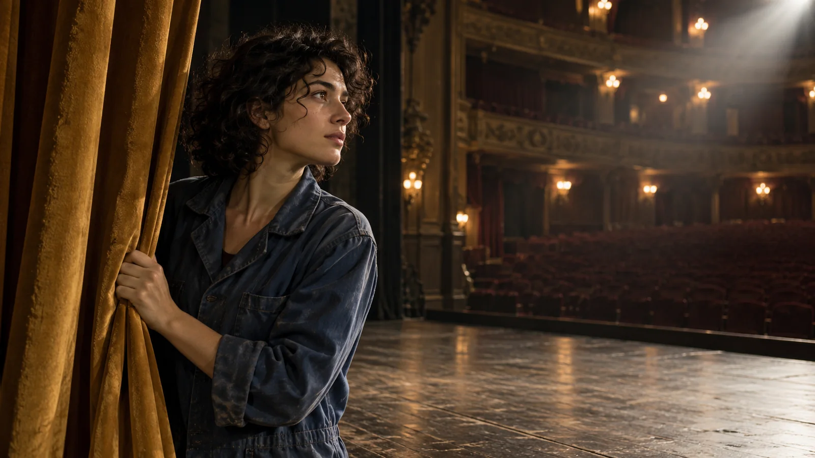 A woman in a blue jacket pulling open an ochre curtain on a quiet theater stage