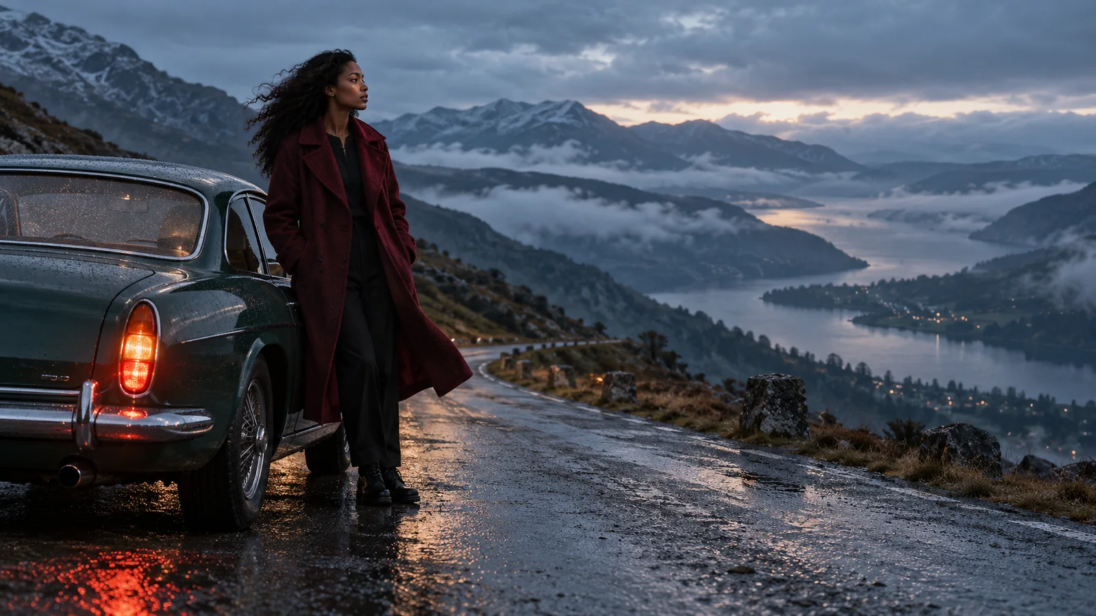 A woman in a burgundy coat beside a dark green car on a misty mountain road