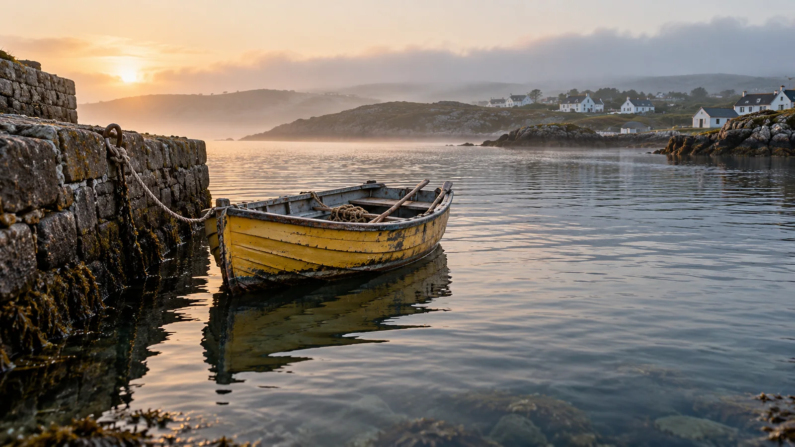 A weathered yellow fishing boat floating beside a stone harbor wall at dawn
