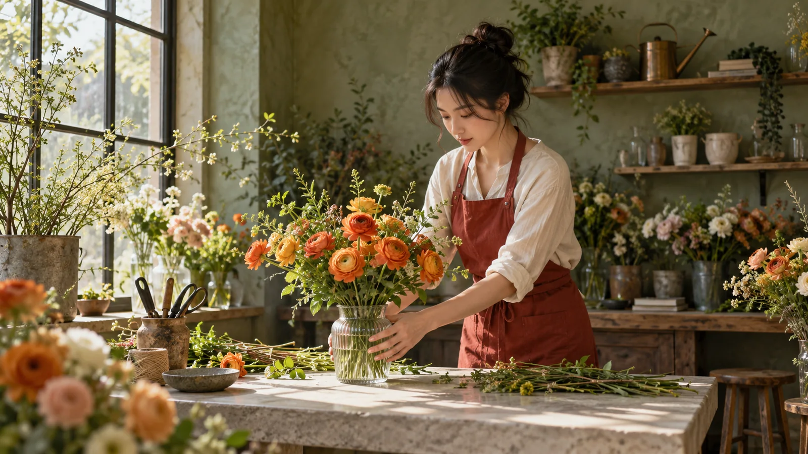 A florist in a brick-red apron arranging orange flowers in a sunlit studio