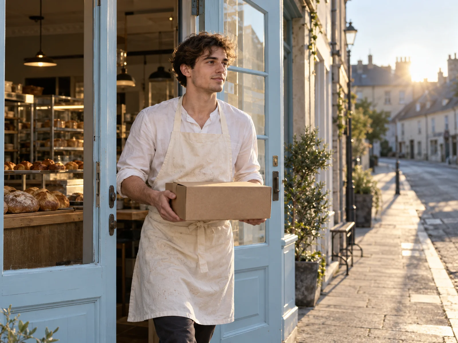 A baker carrying a pastry box out of a neighborhood bakery at dawn