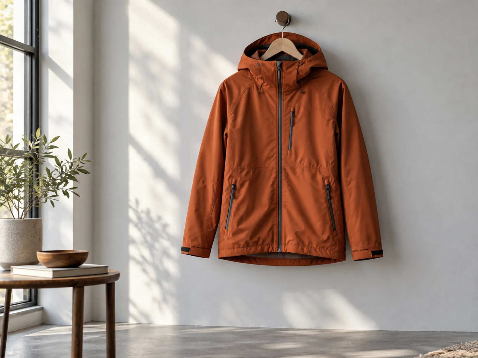 A rust-orange rain jacket hanging in a softly lit studio
