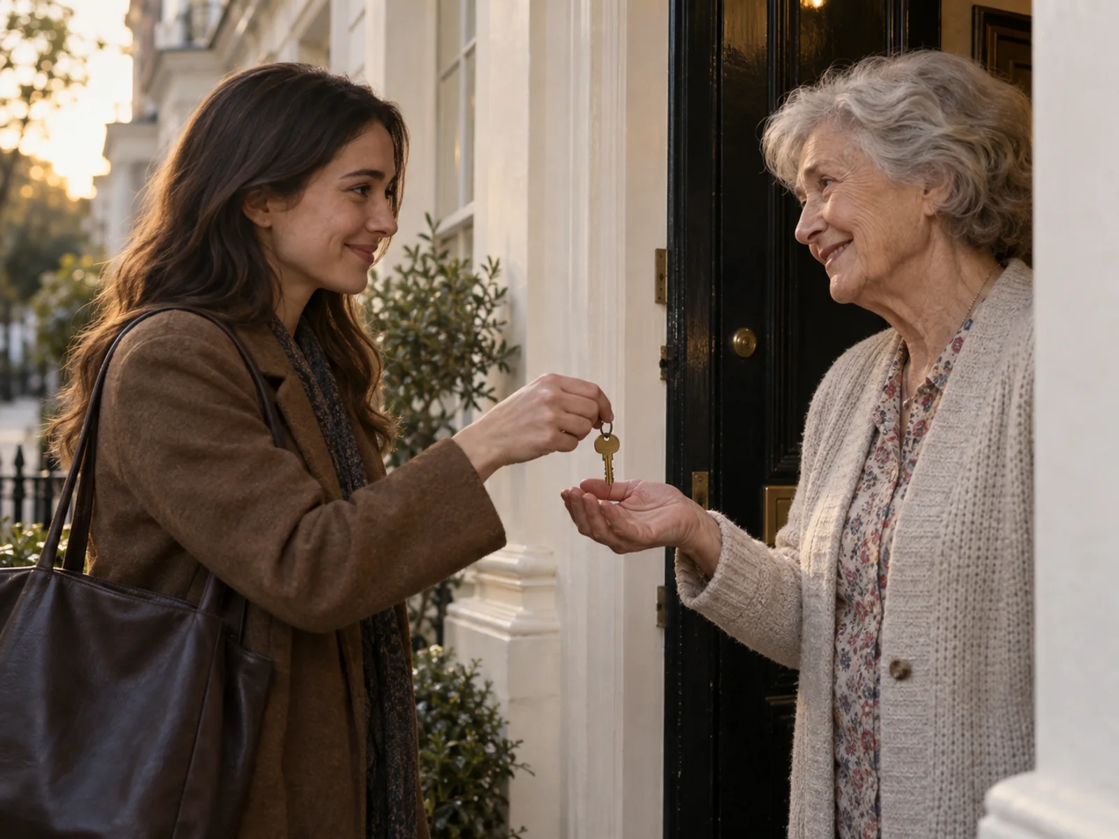 A daughter handing her mother a brass house key at a townhouse door