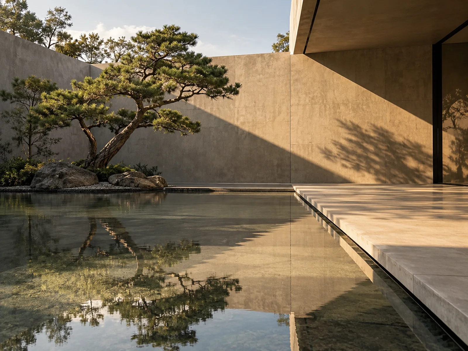 A pine tree beside a reflecting pool in a sunlit concrete courtyard