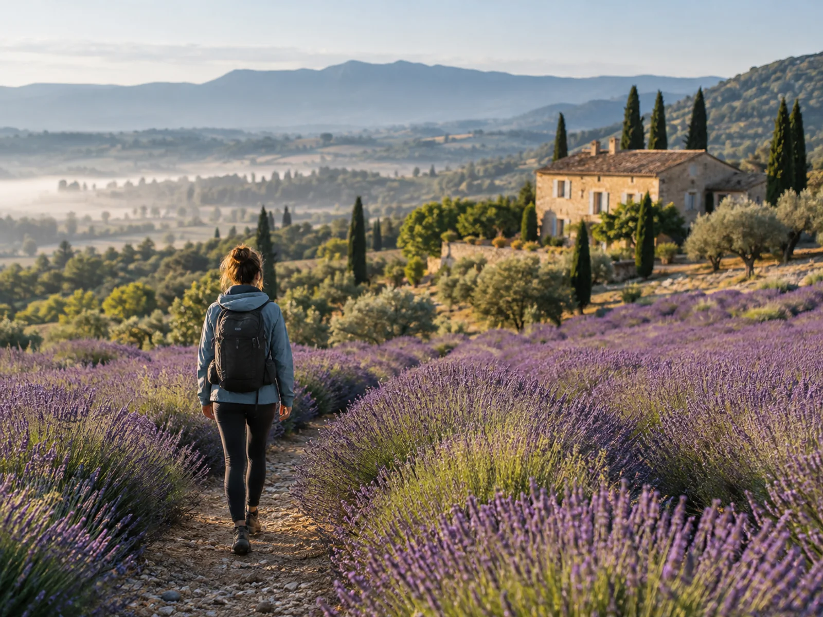 A hiker walking through lavender fields in early morning light