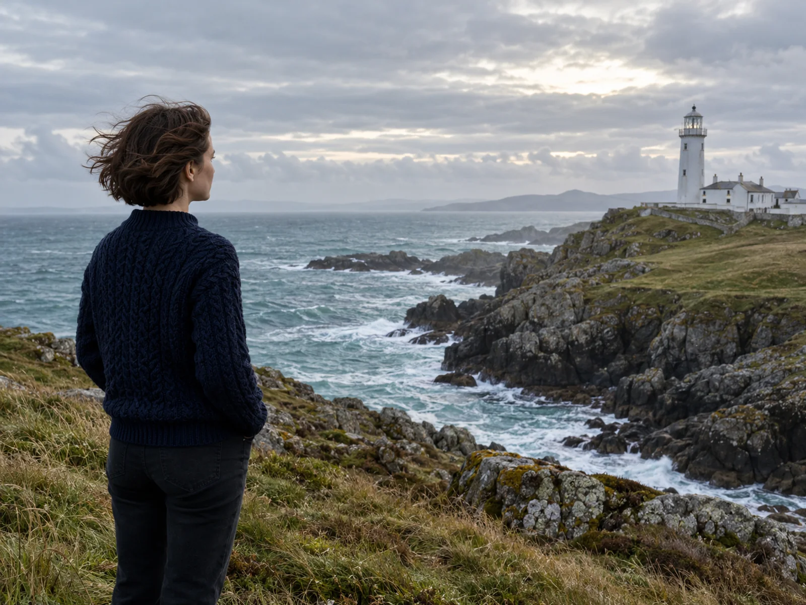 A woman looking toward a lighthouse on a windy coastal headland