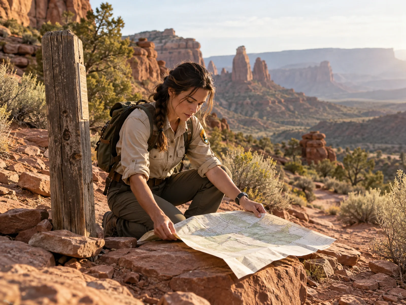 A park ranger unfolding a map beside a red rock desert trail