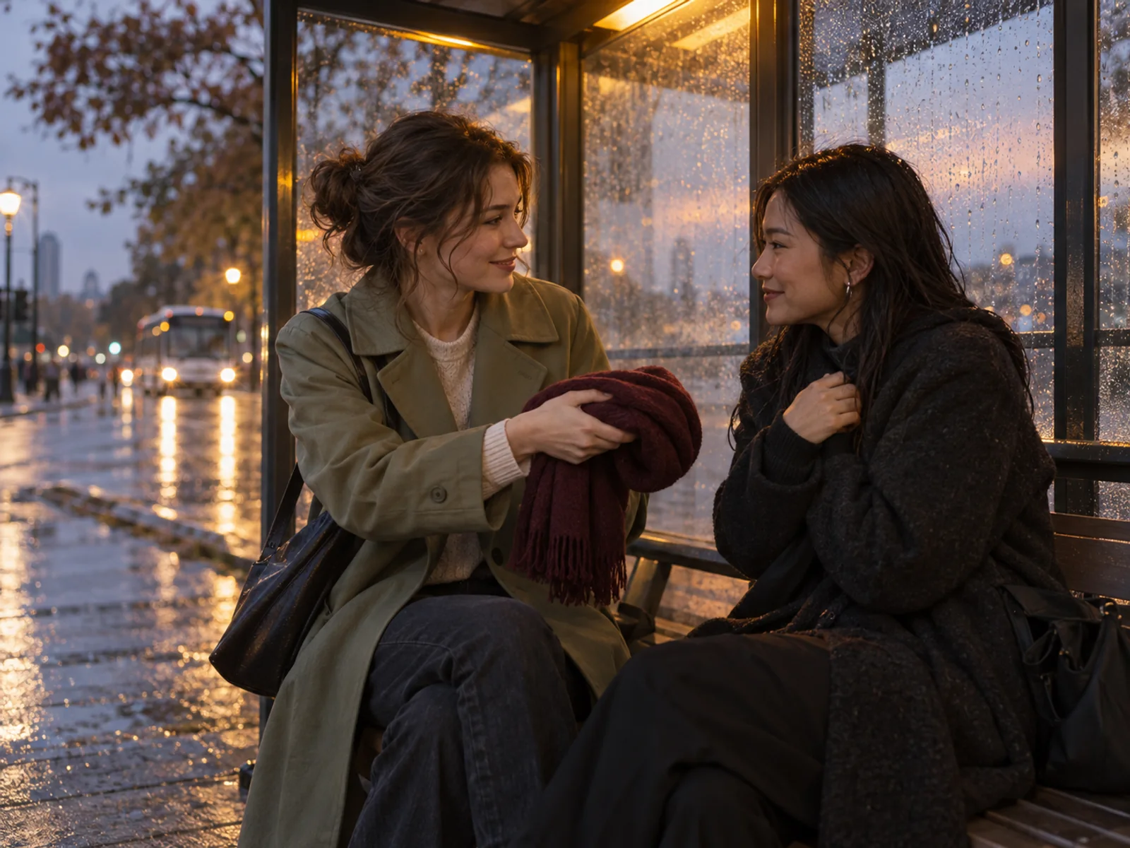 Two friends exchanging a scarf at a rain-soaked bus shelter