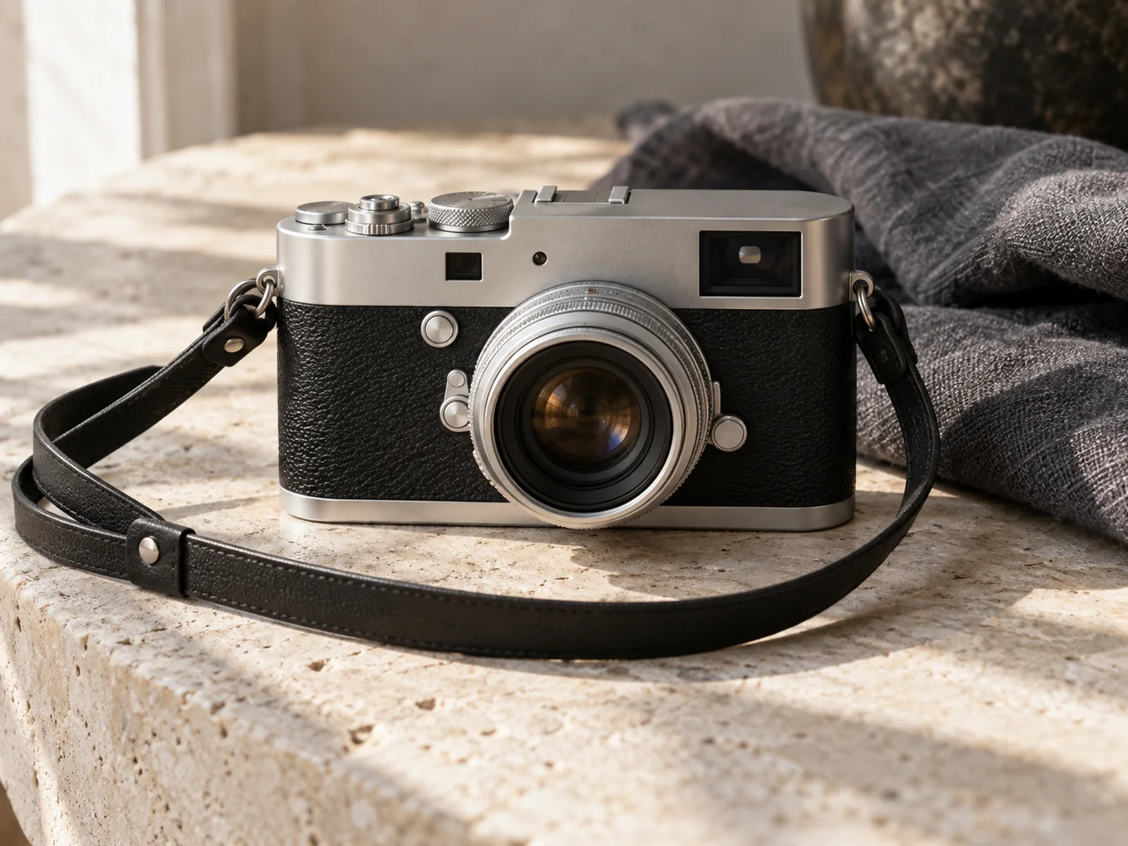 A brushed silver camera with a black leather strap on pale limestone
