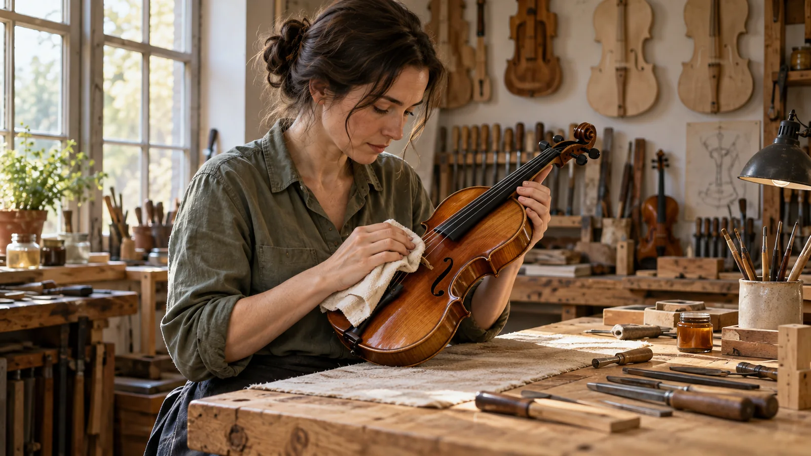 A violin maker gently polishing a wooden violin at a sunlit workbench