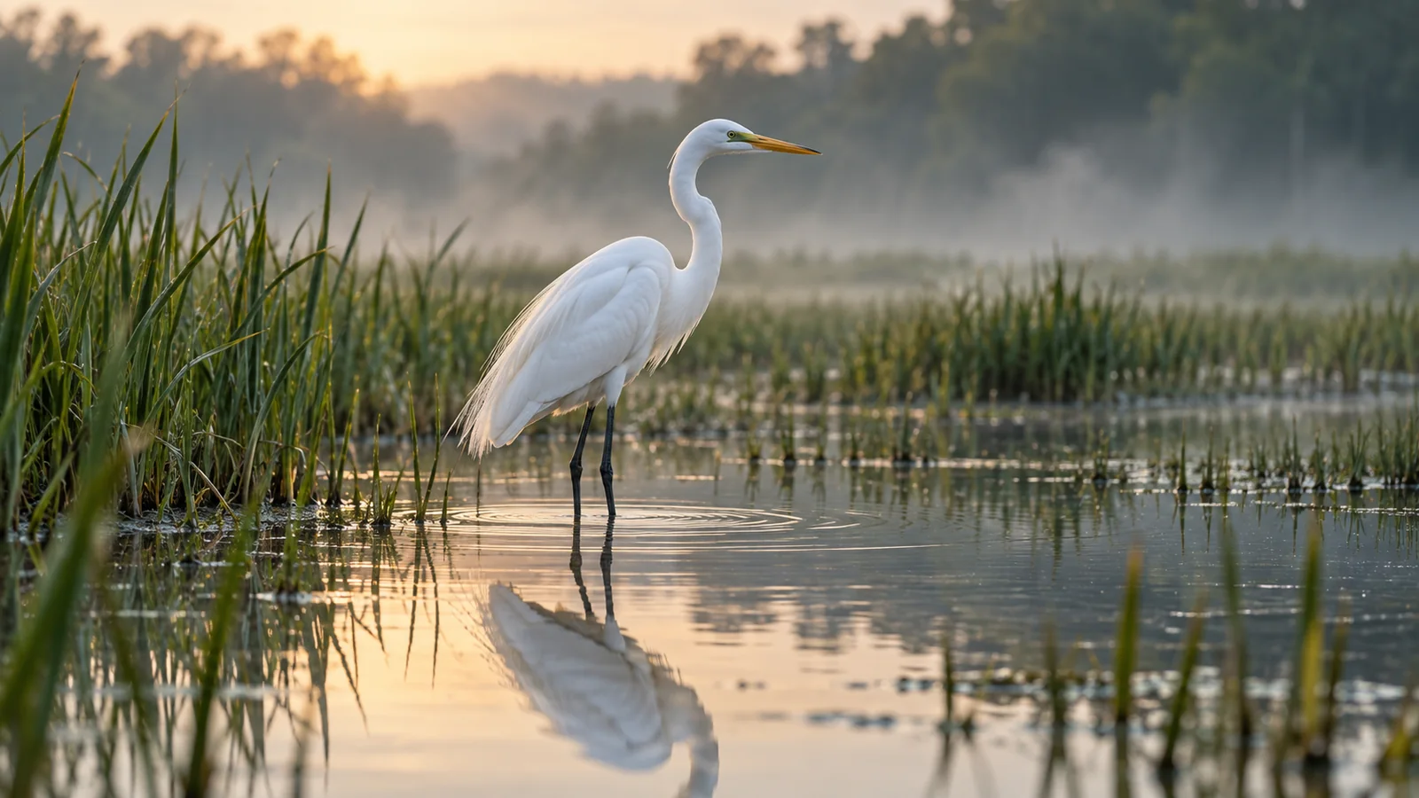 A white egret and its reflection in shallow marsh water among soft green reeds