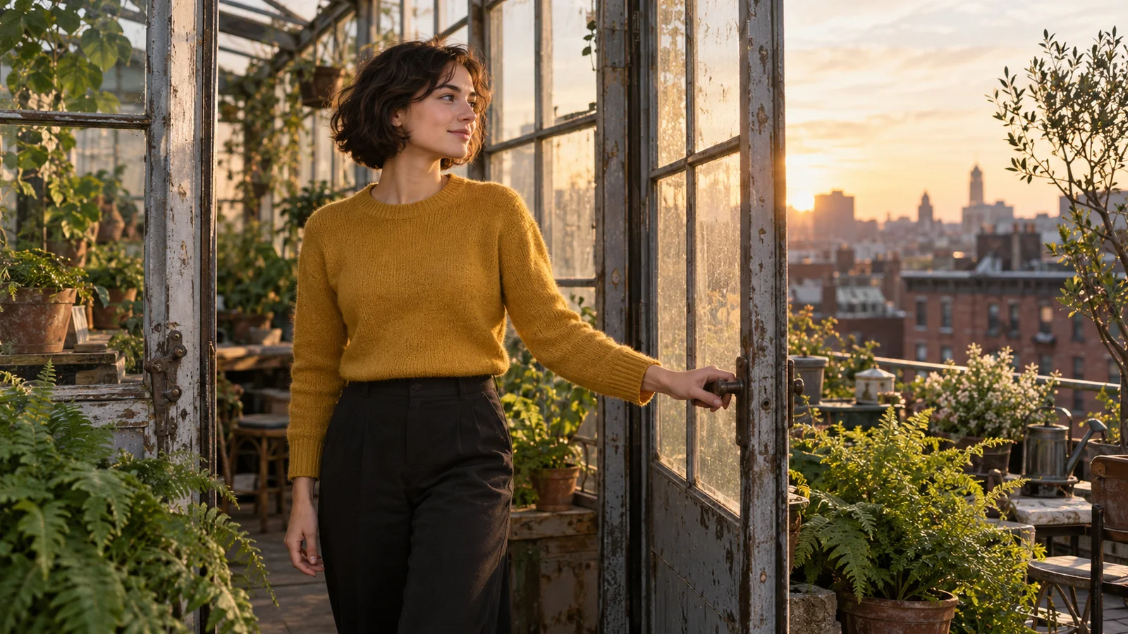 A woman in a mustard sweater opening a rooftop greenhouse door at sunrise