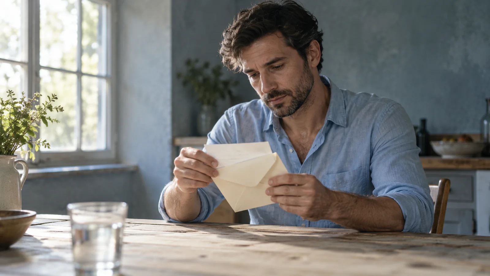 A man opening a cream paper envelope at a wooden kitchen table in morning light