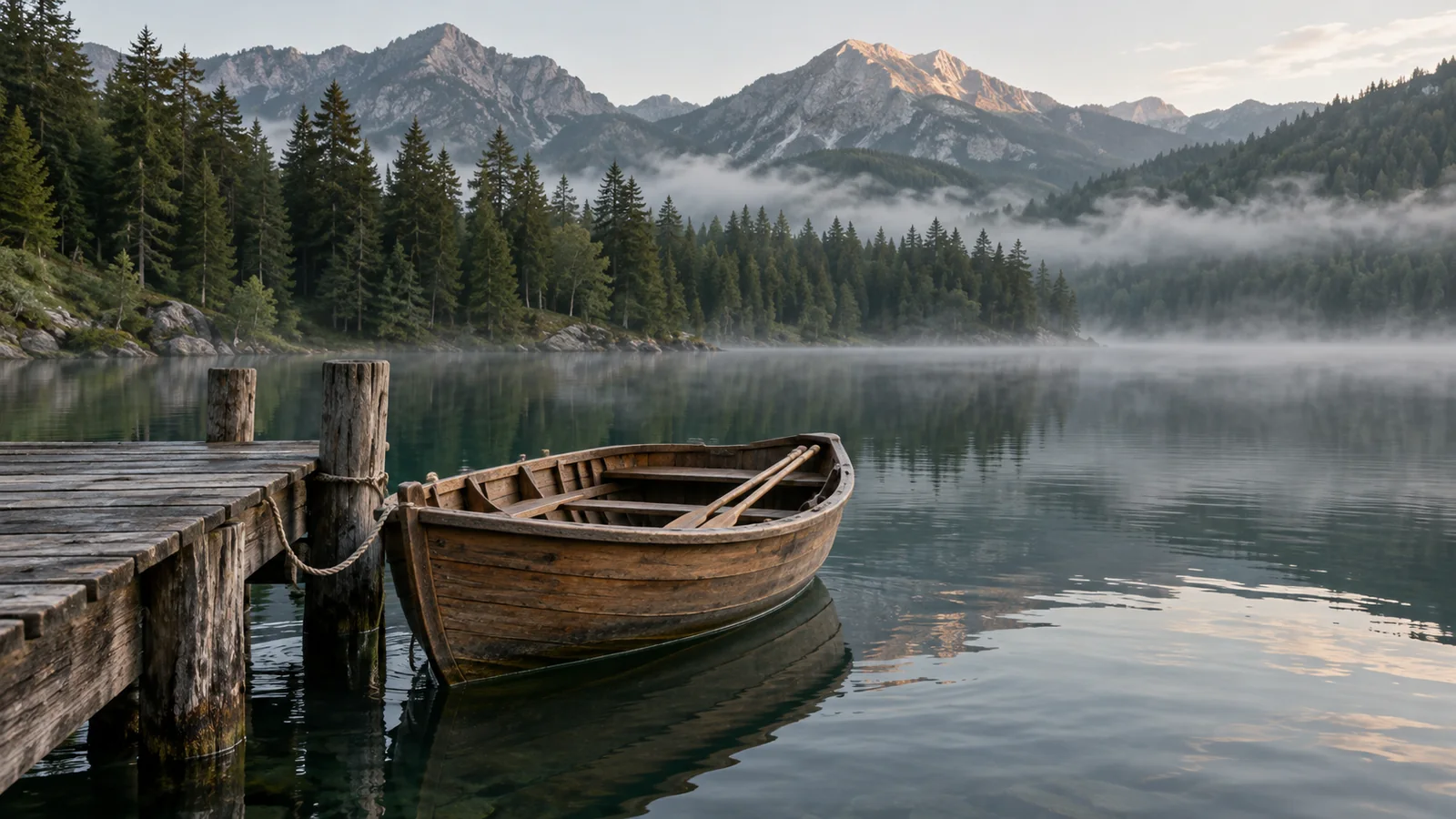 An unpainted wooden rowing boat tied to a timber jetty on a misty forest lake