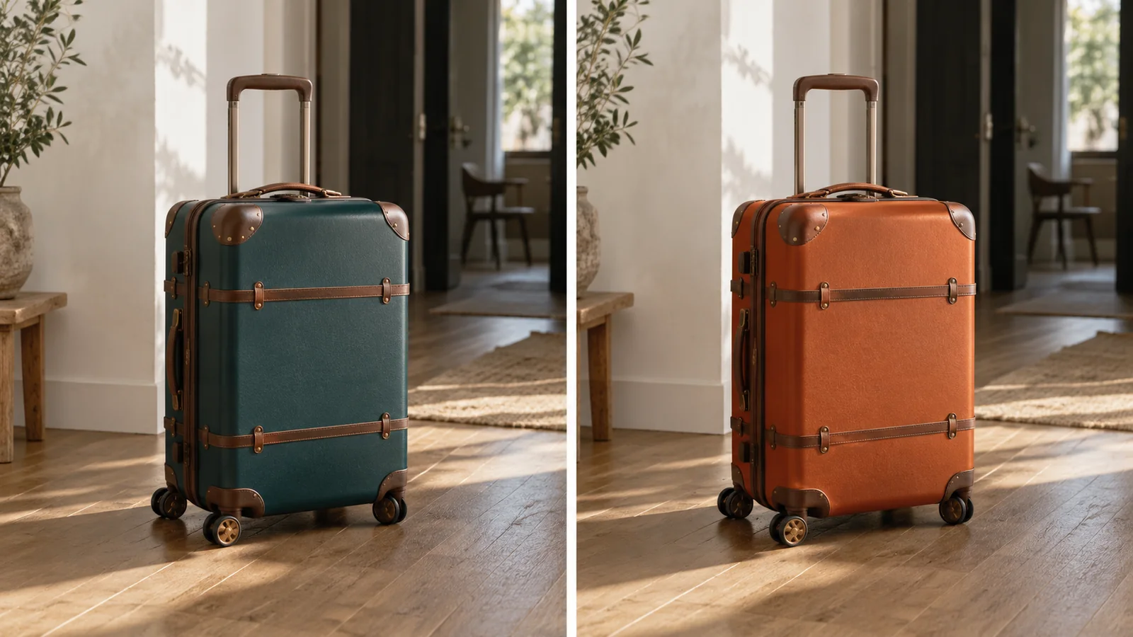 Matching dark teal and burnt-orange suitcases in the same sunlit apartment entryway