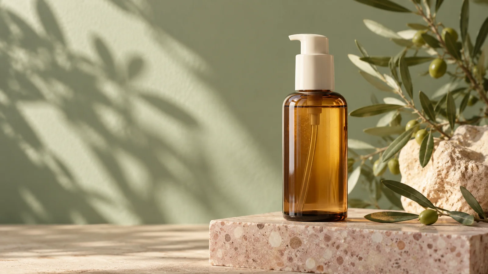 Amber skincare bottle on blush terrazzo against a sage backdrop