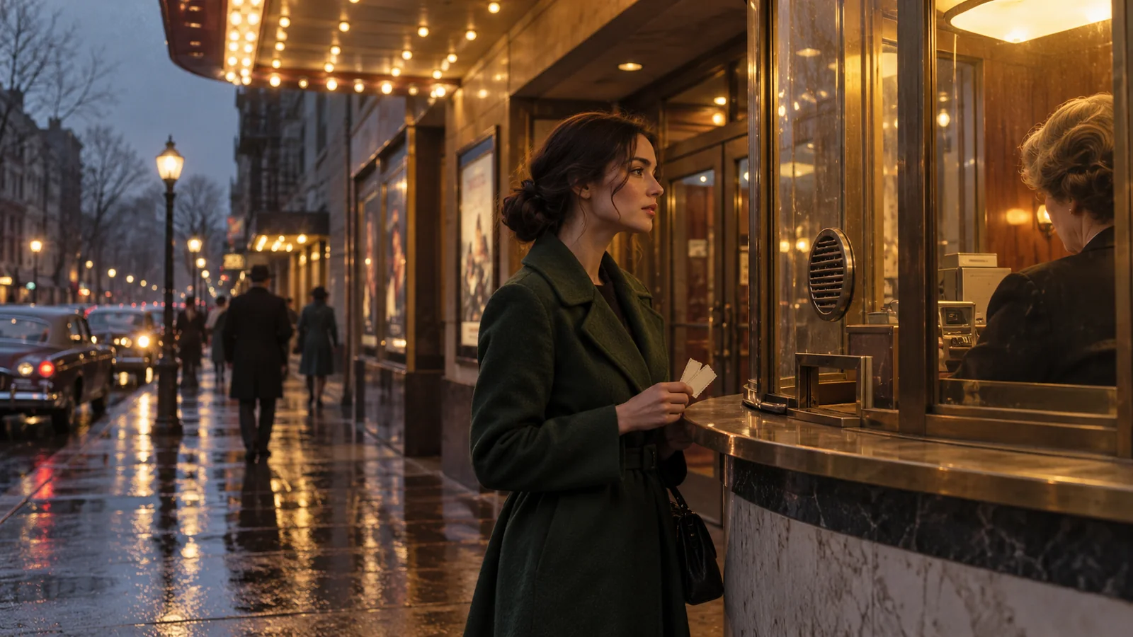 A woman holding two tickets at a warmly lit neighborhood cinema booth in evening rain