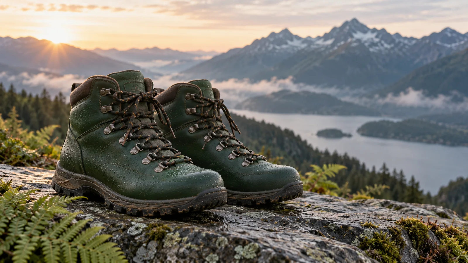 Forest green hiking boots with dew on a slate ledge