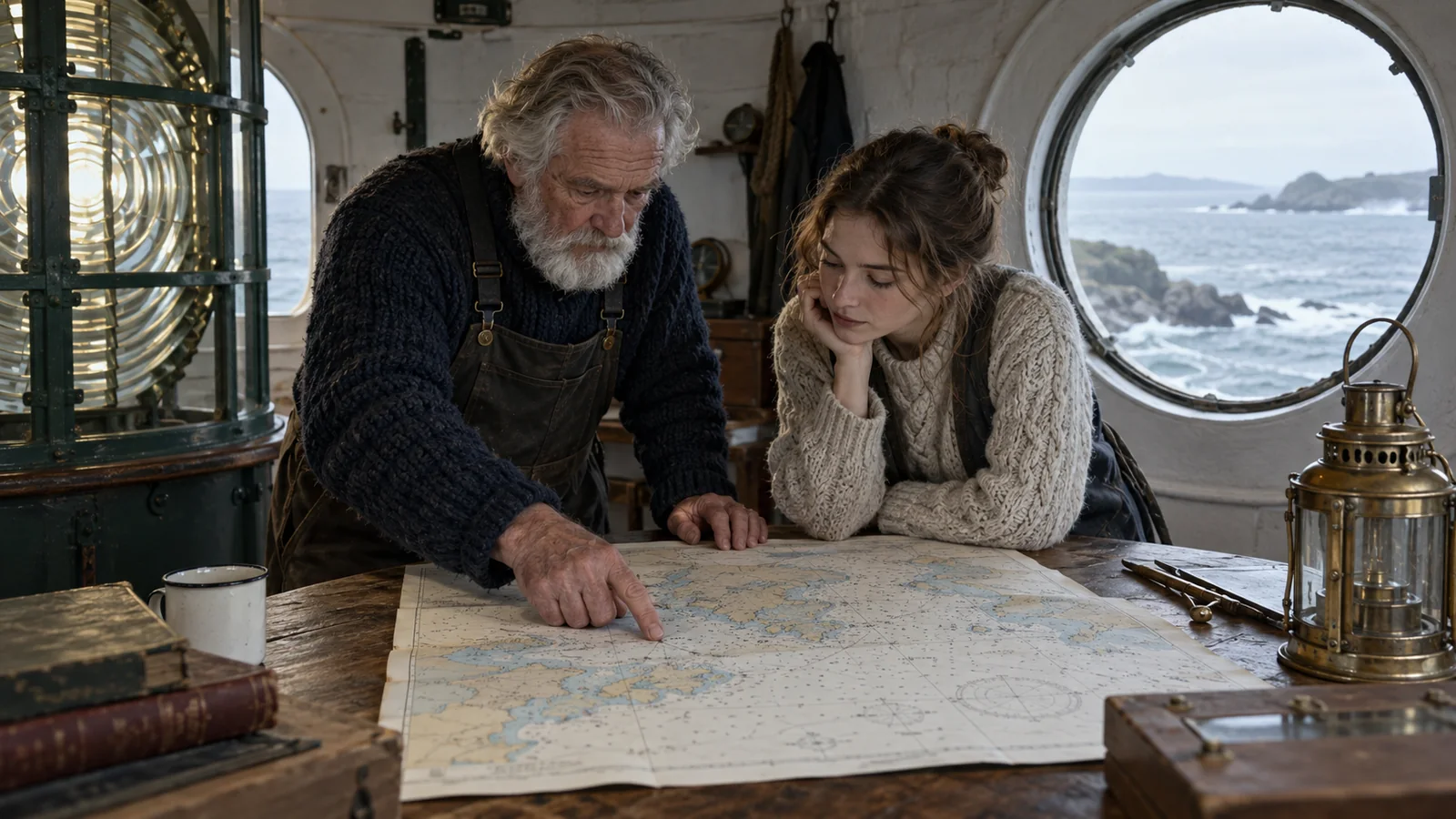 Lighthouse keeper and visitor reading a nautical chart