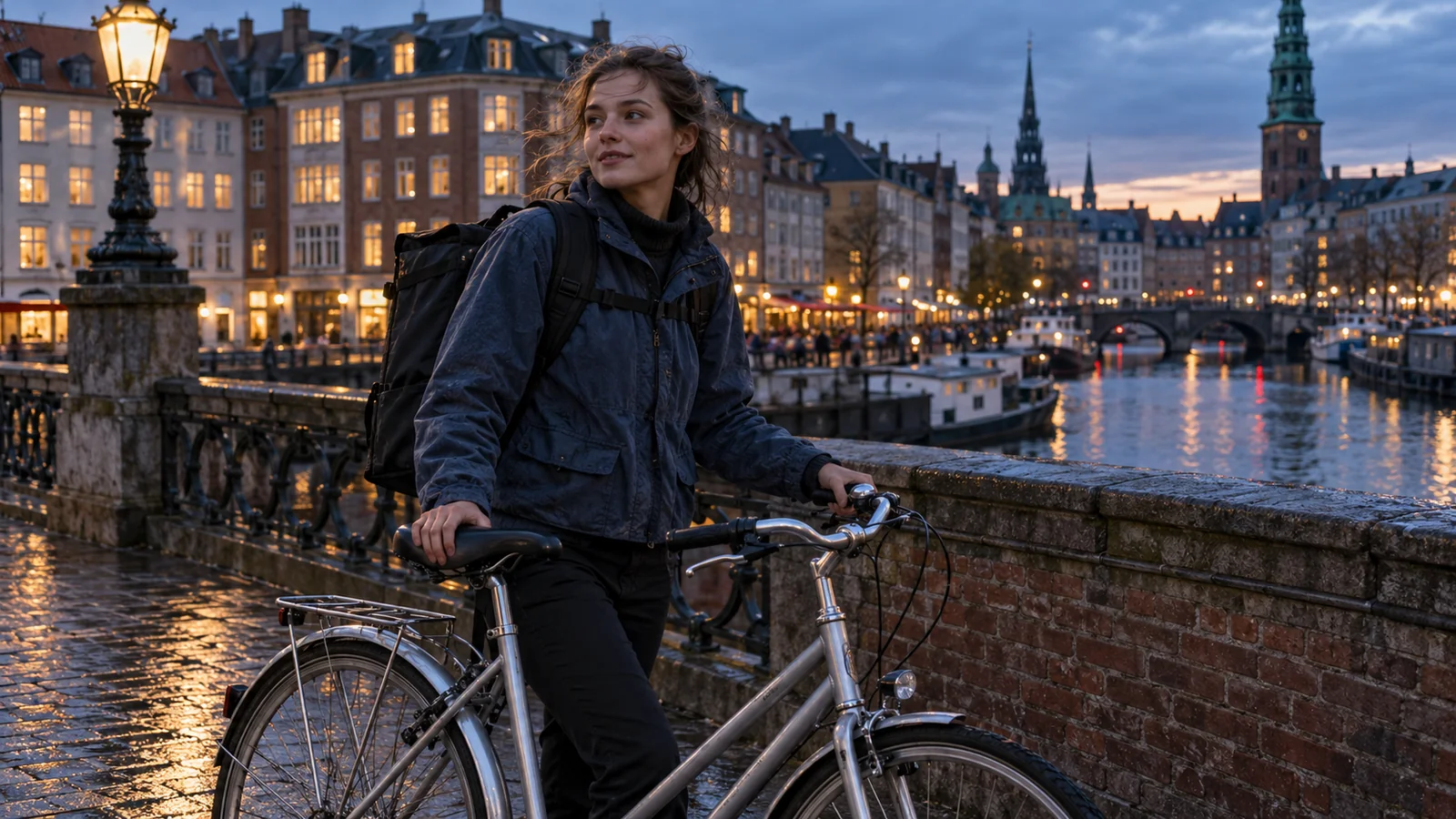 A bicycle courier in an indigo jacket beside a silver bicycle on a wet brick bridge at dusk