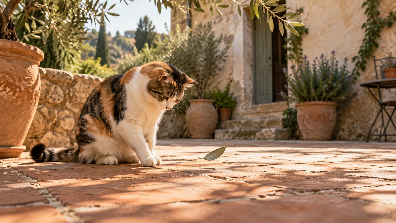 A calico cat watching a falling leaf on a sunlit terracotta terrace