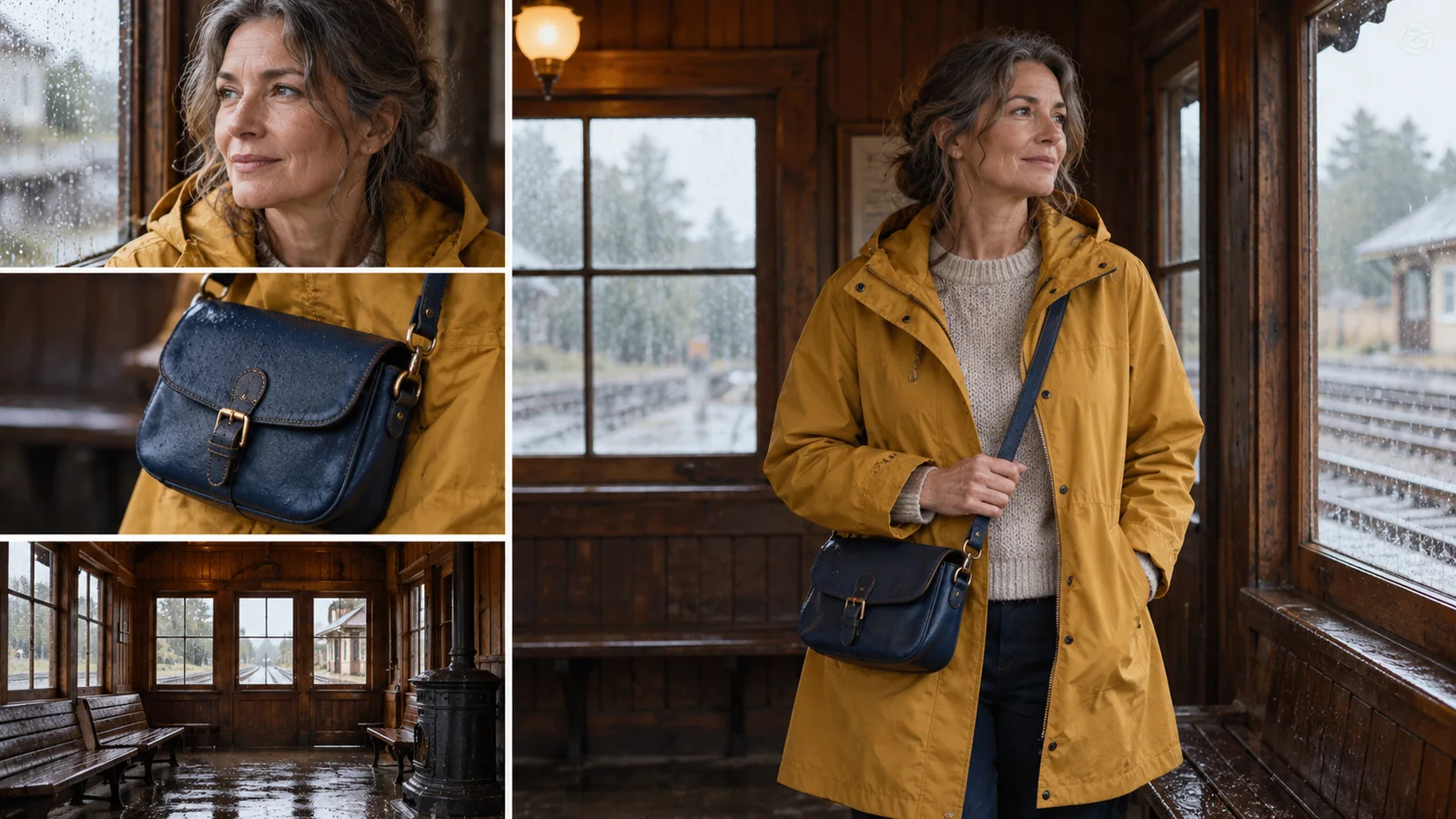 Woman, navy satchel, and railway room references beside a composed scene using those subjects