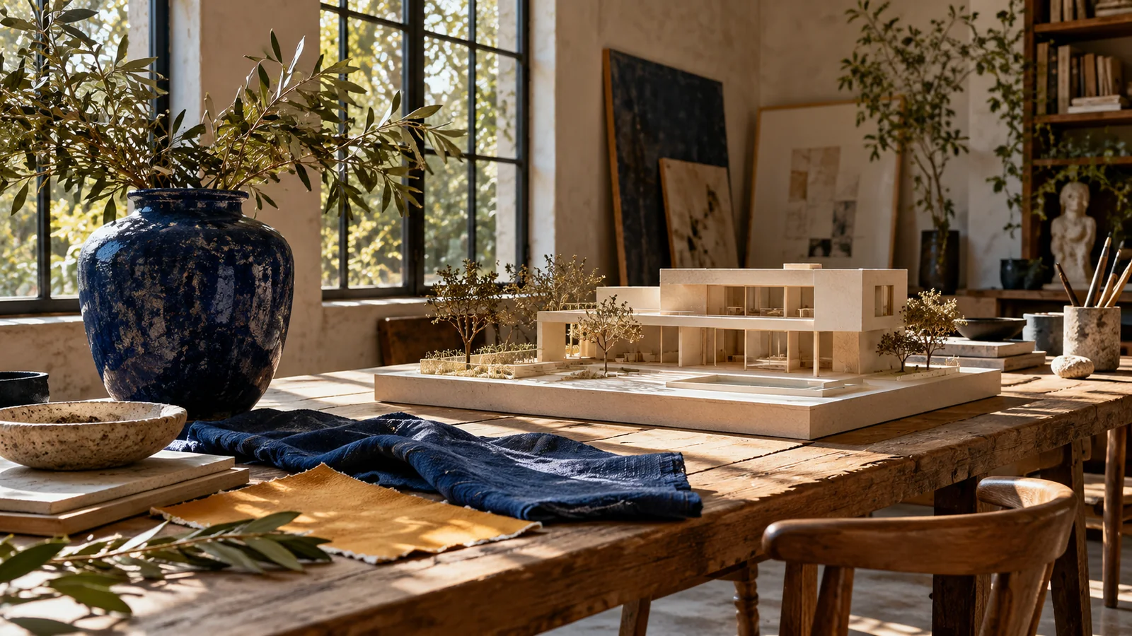 Architectural model, blue ceramic vessel, fabric, and botanical materials on a sunlit design studio table