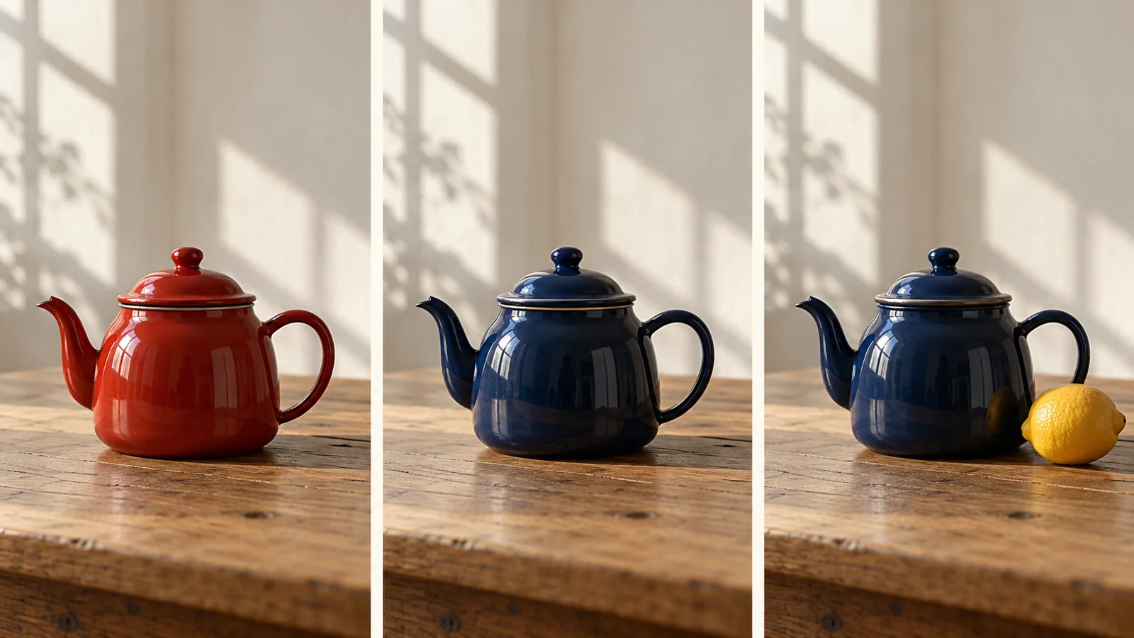 Three teapot images showing red enamel, navy enamel, then navy enamel with an added lemon