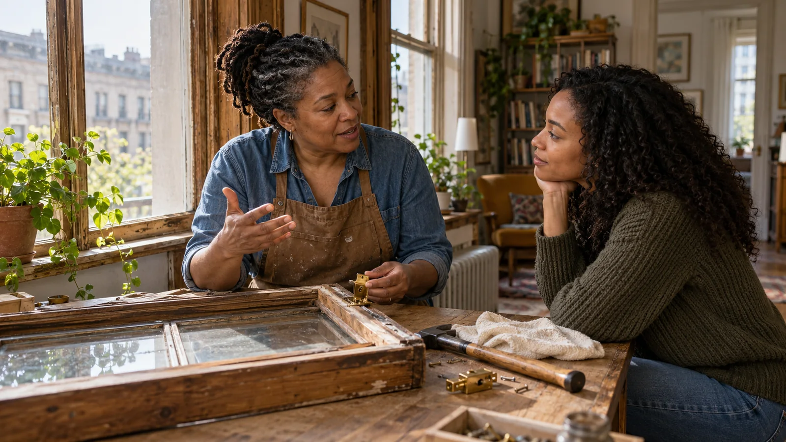 A mother speaking with her adult daughter while repairing a wooden window in an apartment