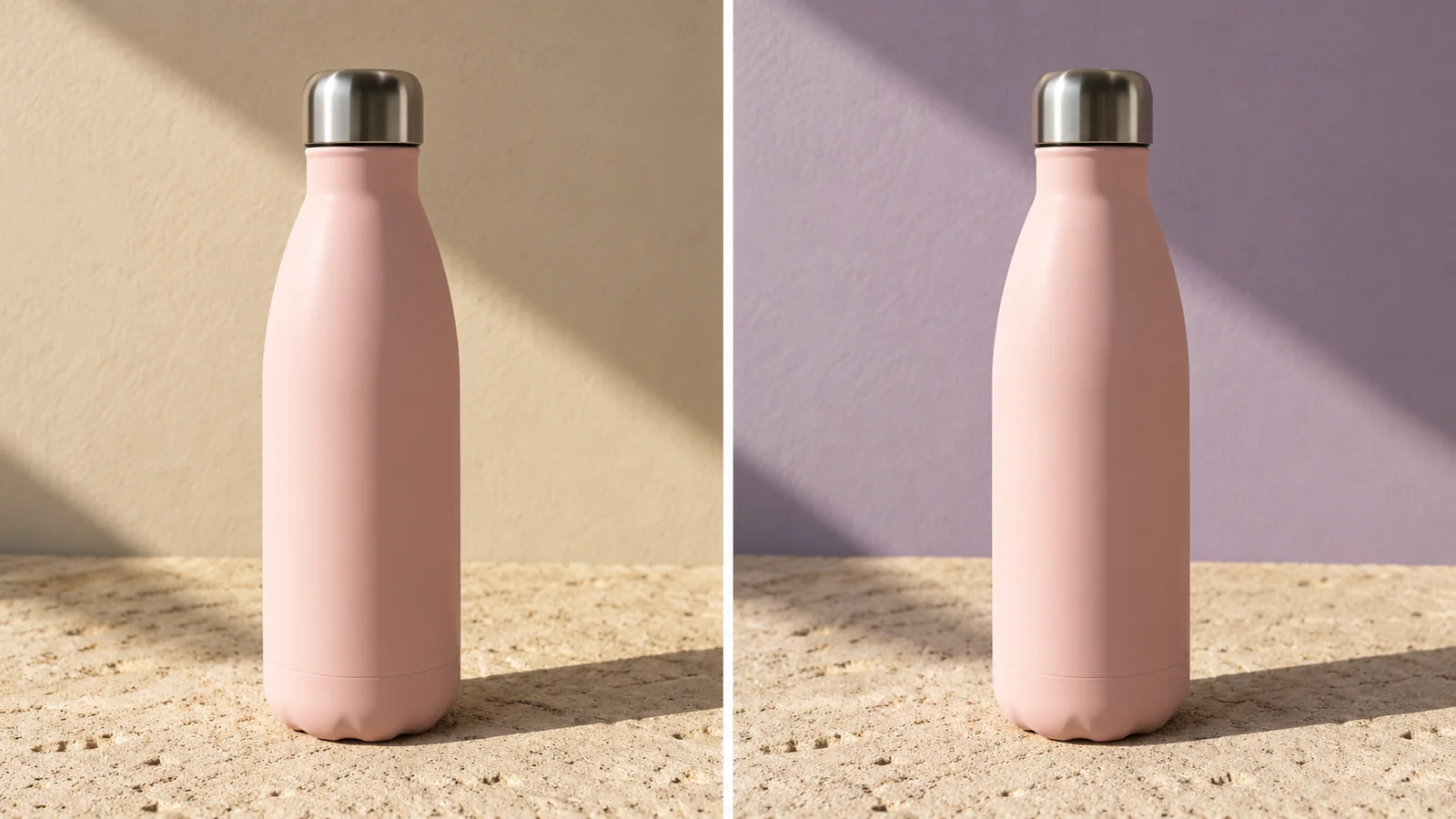 The same pale pink reusable bottle against beige and lavender studio backgrounds