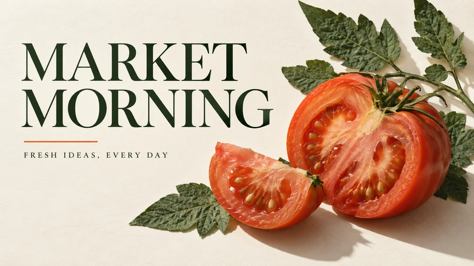 Market Morning poster with a tomato illustration, dark green typography, and ivory background