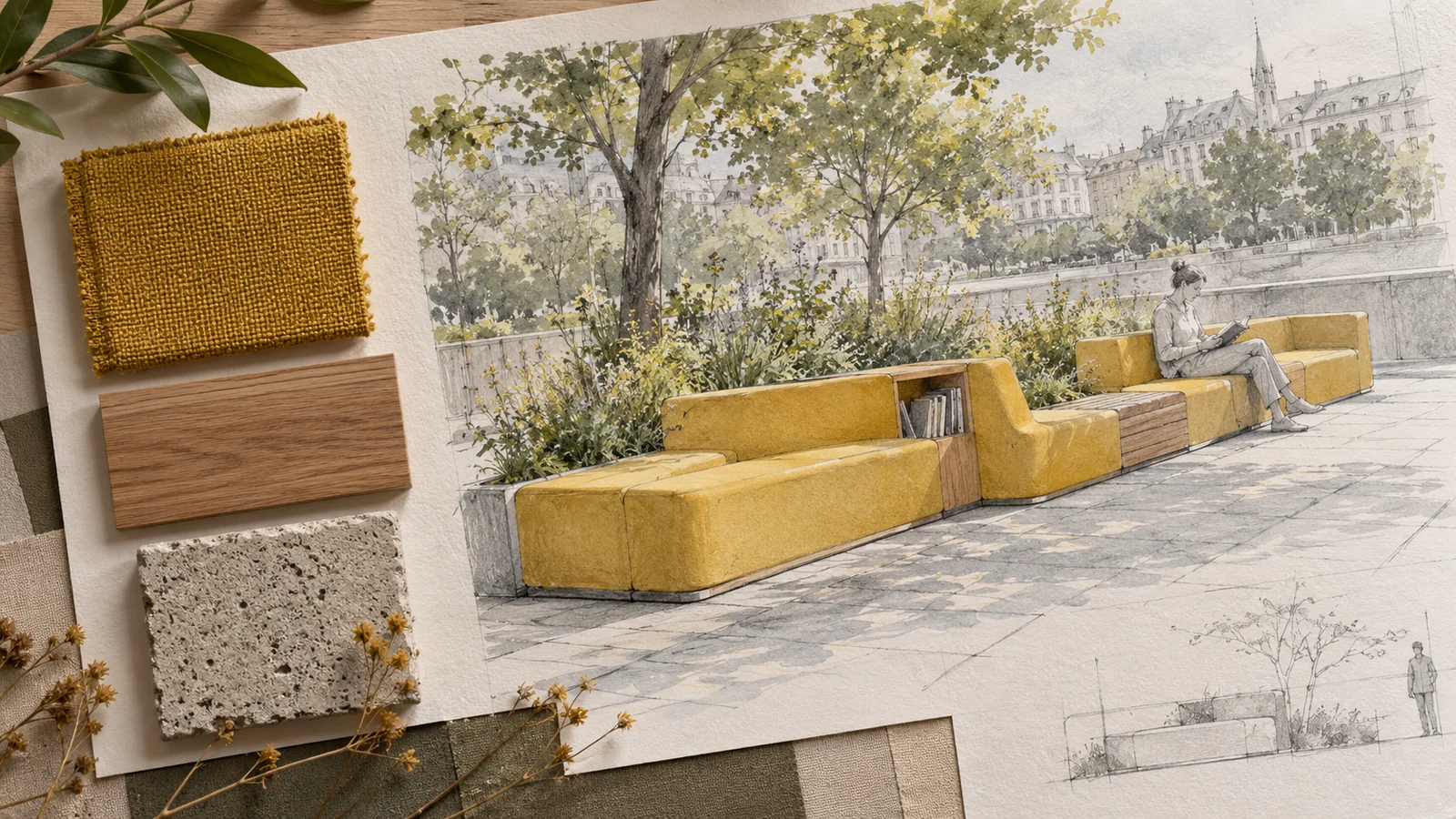 Garden reading bench concept sketch and material swatches on a design board