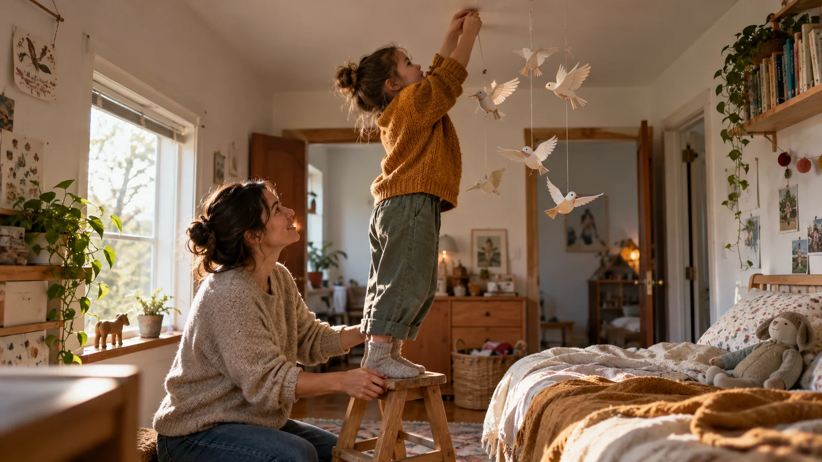 A child hanging a paper bird while a parent steadies the stool
